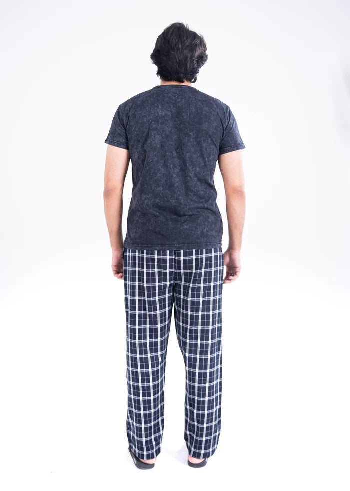 Men's winter night suit: back view of dark heather T-shirt with plaid trousers
