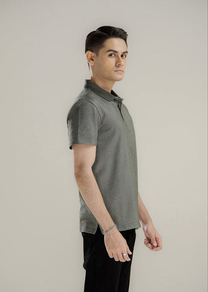 Men's polo shirt, dark gray, side profile, short sleeves and ribbed collar