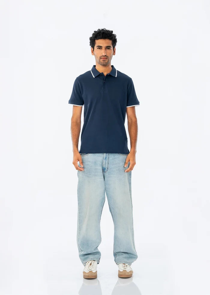 Navy cotton pique polo shirt with white-trim collar and short sleeves
