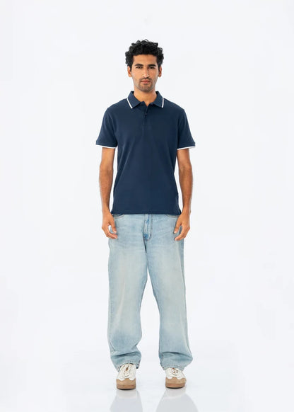 Navy cotton pique polo shirt with white-trim collar and short sleeves