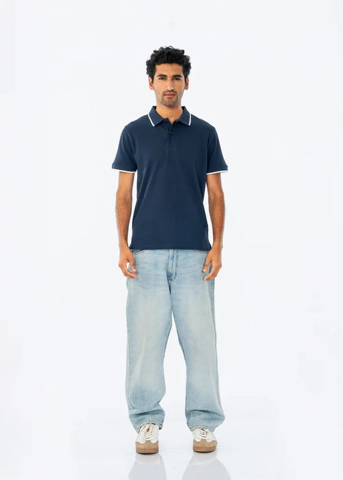 Navy cotton pique polo shirt with white-trim collar and short sleeves