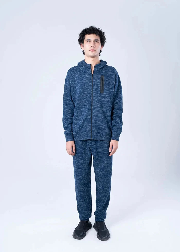 Men's navy melange fleece pull-on trousers with elastic waist, front view