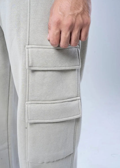 Men's stone terry pull-on trousers with side cargo pocket and flap