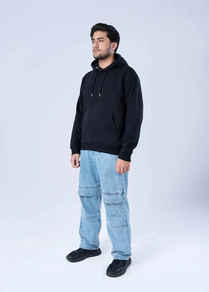 Men's black fleece pullover hoodie with hood, drawstring, ribbed cuffs, and front pocket