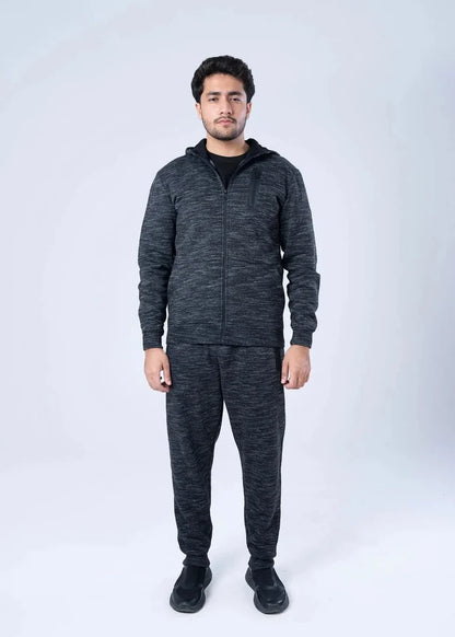 Men’s fleece hoodie with hood, dark heather knit, full-zip front and cuffs