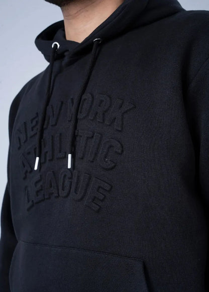 Black fleece hoodie hood with drawstrings and textured embossed lettering on chest
