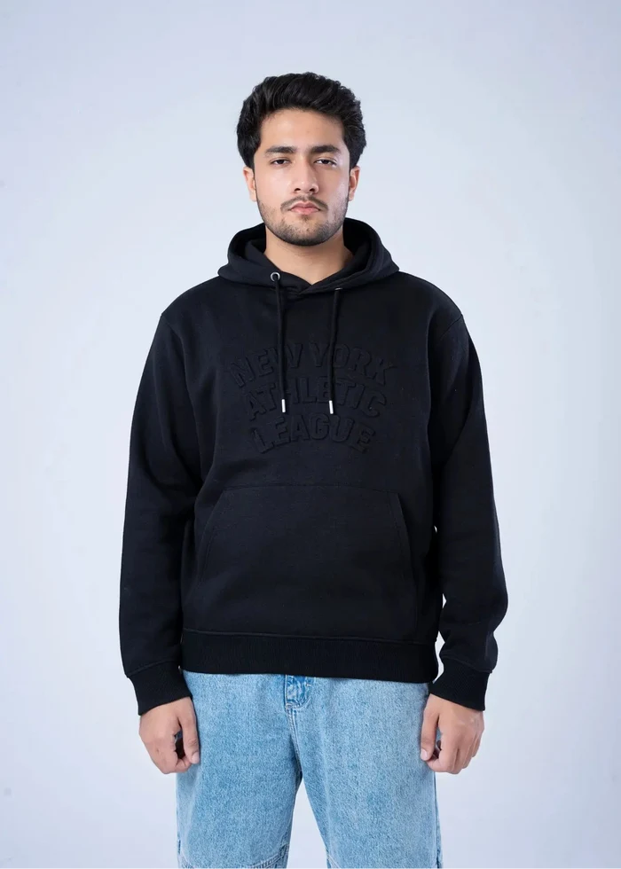 Men's black fleece pullover hoodie with hood, drawstring, kangaroo pocket, and embossed logo