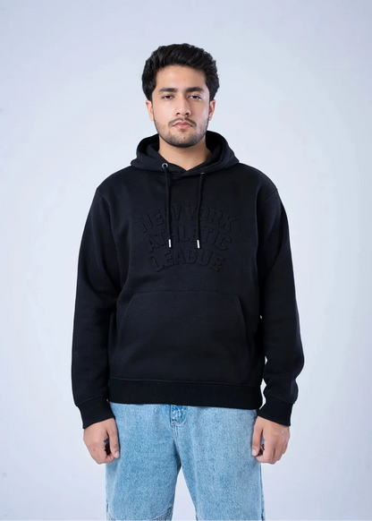 Men's black fleece pullover hoodie with hood, drawstring, kangaroo pocket, and embossed logo