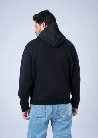 Men's black fleece pullover hoodie with hood, drawstring, and kangaroo pocket