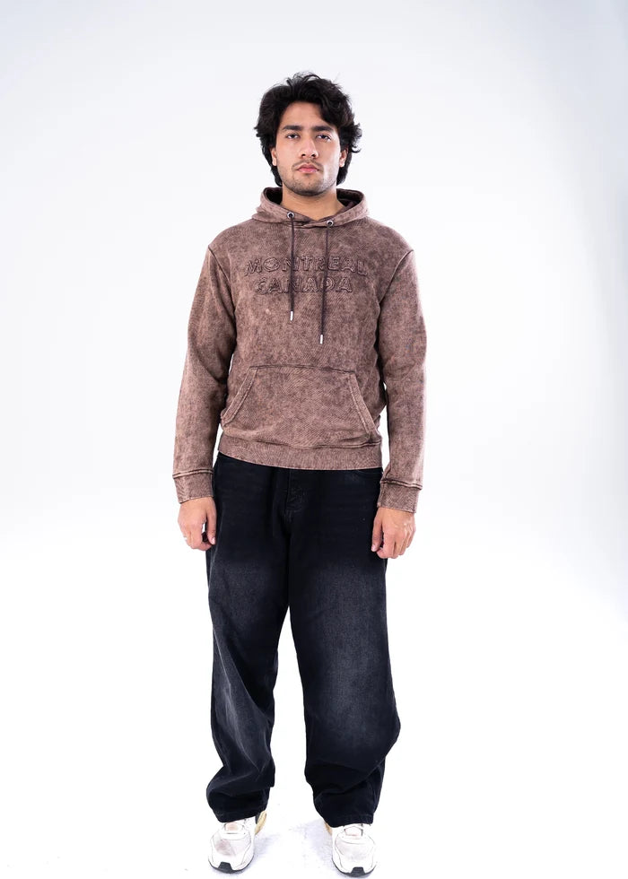 Men's brown dyed terry pullover hoodie with front kangaroo pocket and adjustable hood