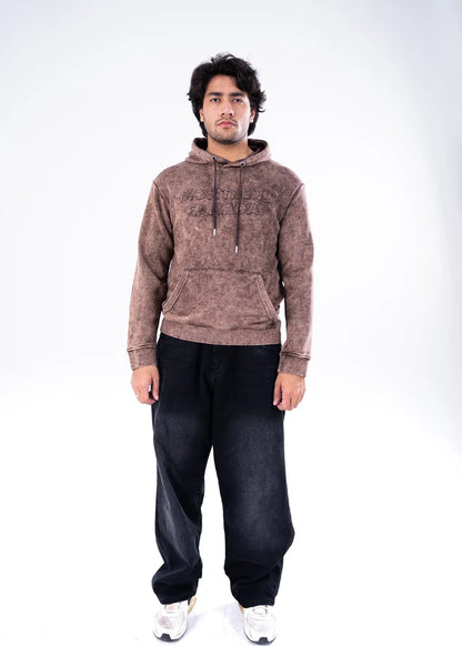 Men's brown dyed terry pullover hoodie with front kangaroo pocket and adjustable hood