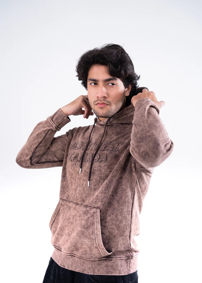 Men's brown dyed terry hoodie with hood drawstrings and kangaroo pocket, long sleeves
