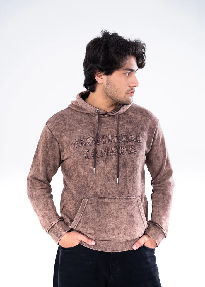 Men's brown dyed terry hoodie, adjustable drawstring hood and front kangaroo pocket