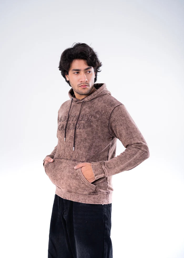 Men's brown dyed terry pullover hoodie with drawstring hood and front kangaroo pocket