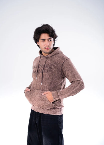 Men's brown dyed terry pullover hoodie with drawstring hood and front kangaroo pocket