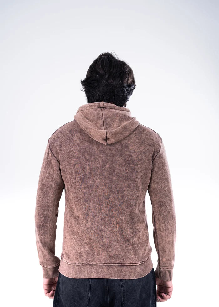 Men's brown dyed terry pullover hoodie with hood, drawstring and front kangaroo pocket