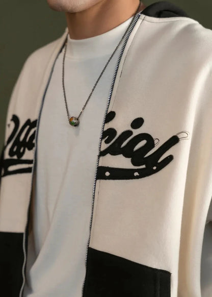 Stone hoodie front with black logo print and visible zipper