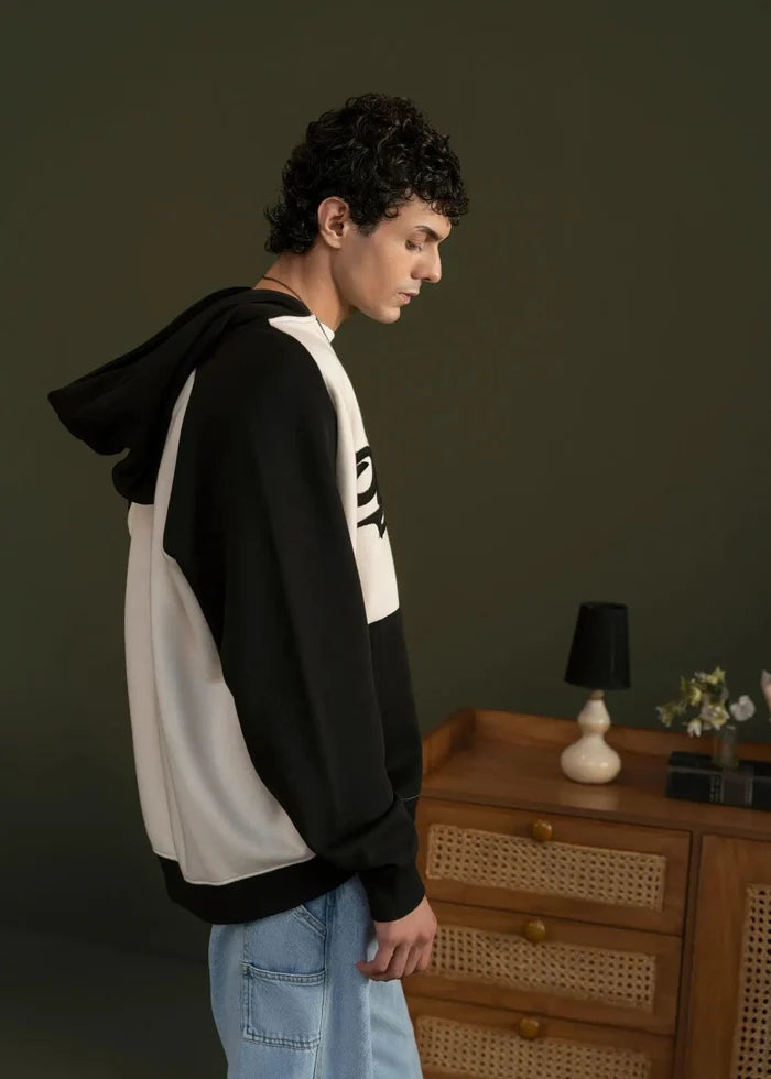 Men's zip-front pullover hoodie, black hood and sleeves with stone contrast panel