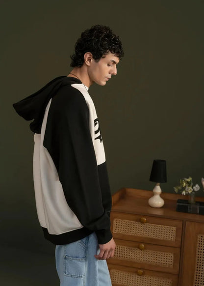 Men's zip-front pullover hoodie, black hood and sleeves with stone contrast panel