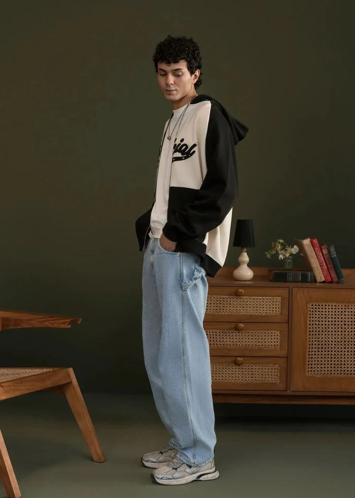 Men's zip-front pullover hoodie, black sleeves and stone front, full-body view