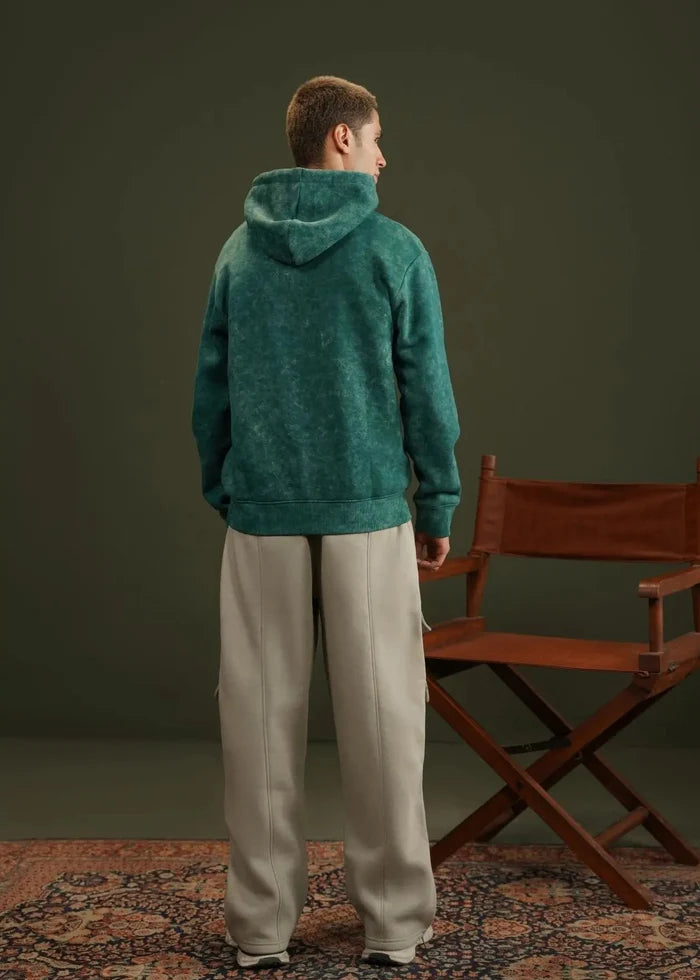 Teal terry pullover hoodie, back view, with hood and drawstring