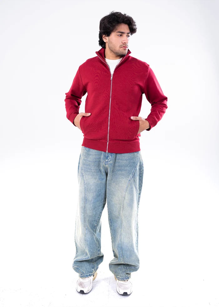 Men's maroon zip-front winter pullover hoodie with hood and front pockets