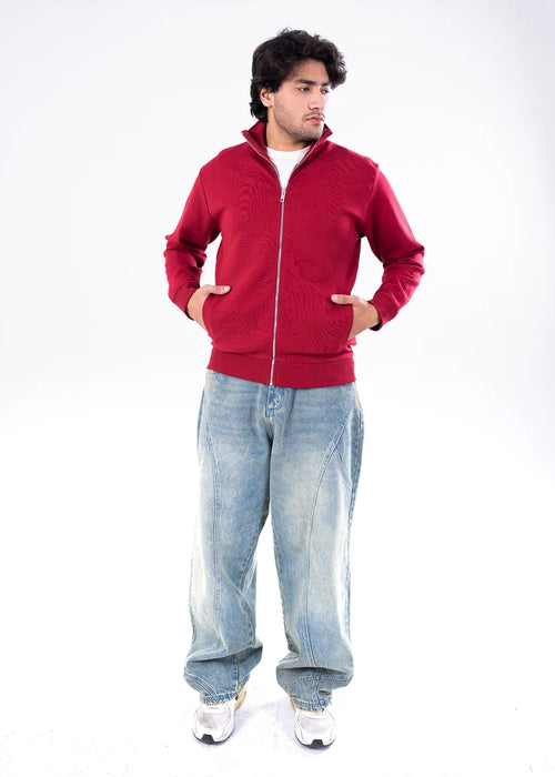 Men's maroon zip-front winter pullover hoodie with hood and front pockets