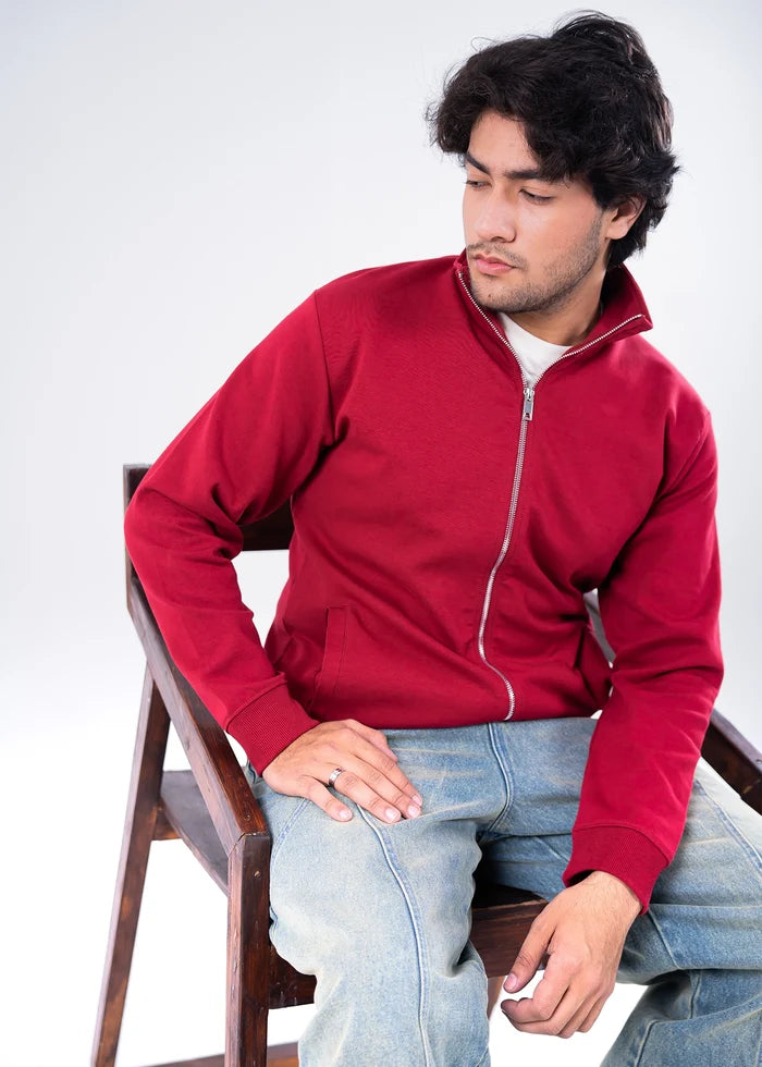 Men's maroon zip-front hoodie with hood and ribbed cuffs