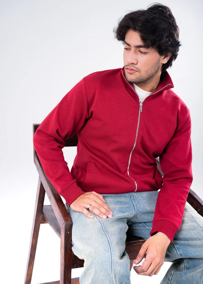 Men's maroon zip-front hoodie with hood and ribbed cuffs