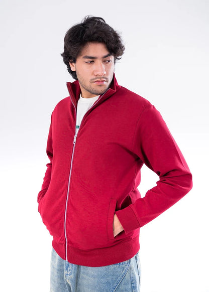 Men's maroon zip-front hoodie with hood, ribbed cuffs, and kangaroo pocket