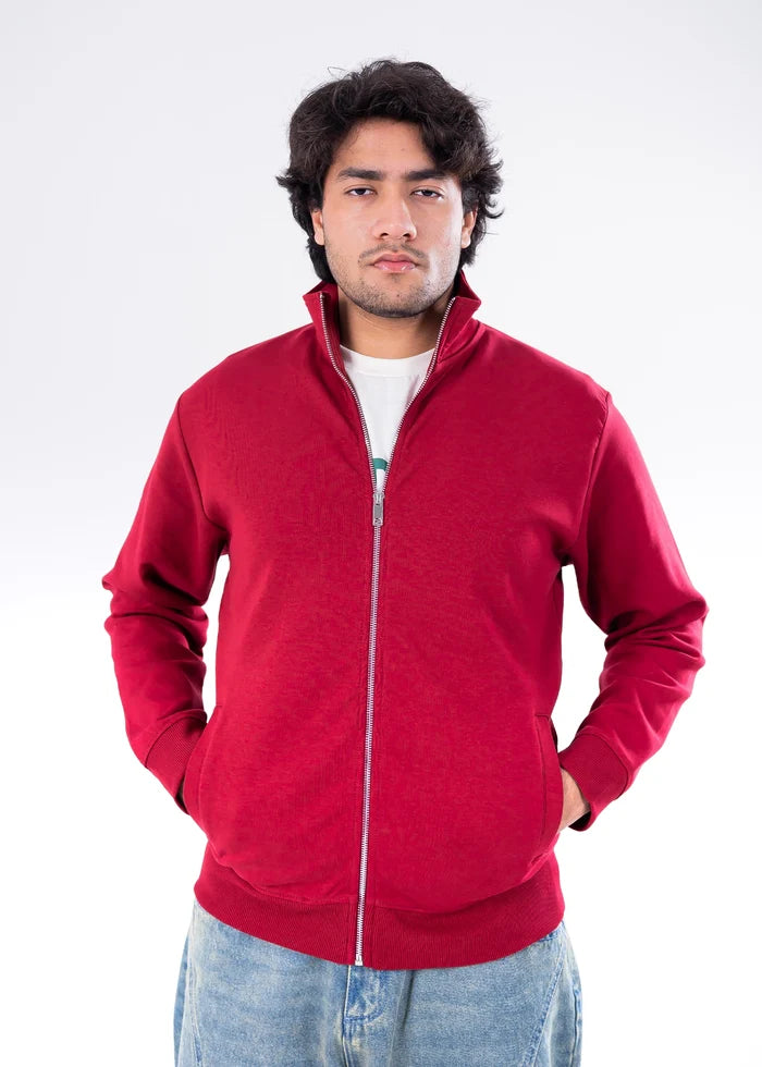 Men's maroon zip-front winter pullover hoodie with hood and front pockets