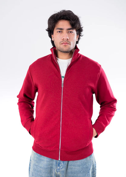 Men's maroon zip-front winter pullover hoodie with hood and front pockets