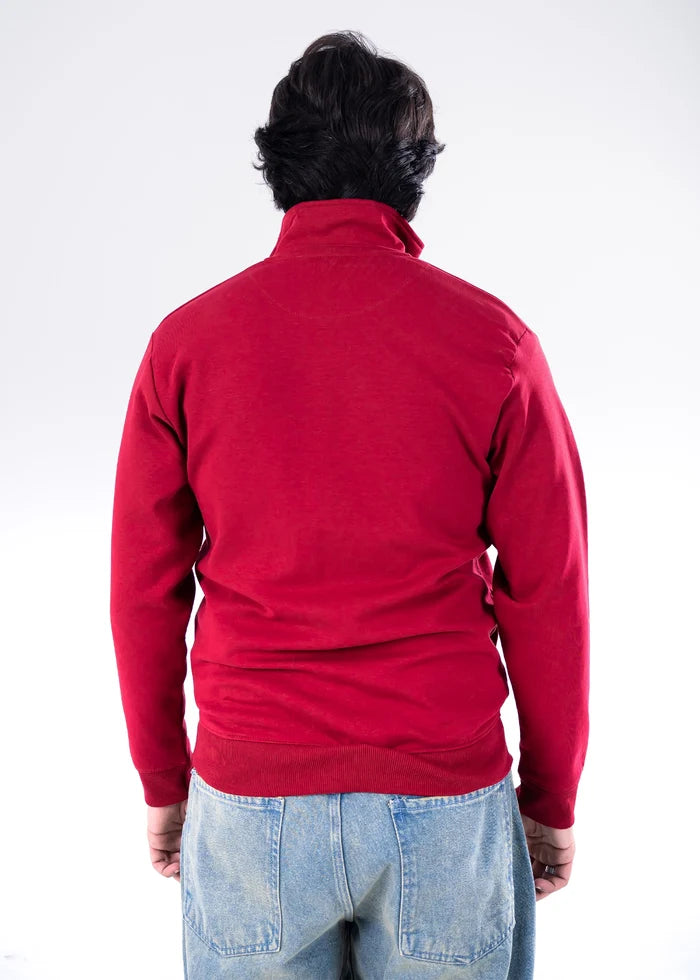 Men's maroon winter pullover hoodie, rear view, with hood and full-length zip