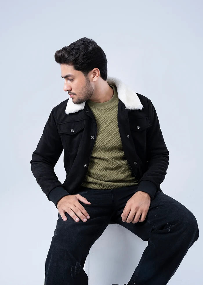 Men's black suede winter jacket with white sherpa collar, front snaps and chest pockets