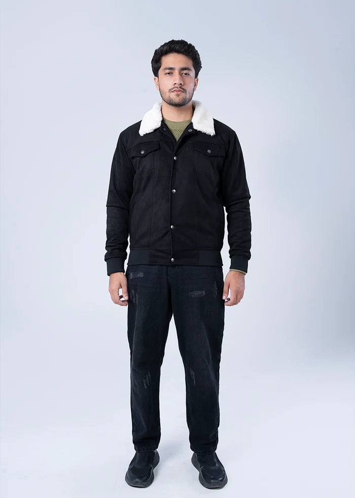 Men's black suede winter jacket with white sherpa collar and front snap buttons