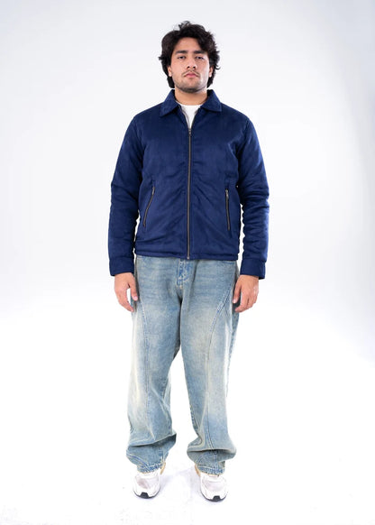 Men's navy suede winter jacket with zip front, stand collar, and side pockets