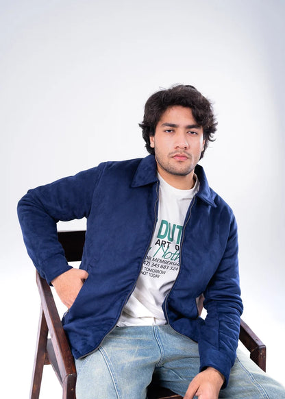 Men's navy suede winter jacket with full-zip front and light-lined collar
