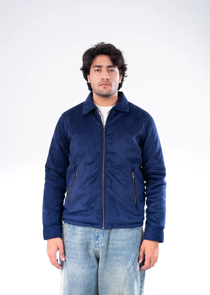 Men's navy suede winter jacket with full-zip front and stand collar