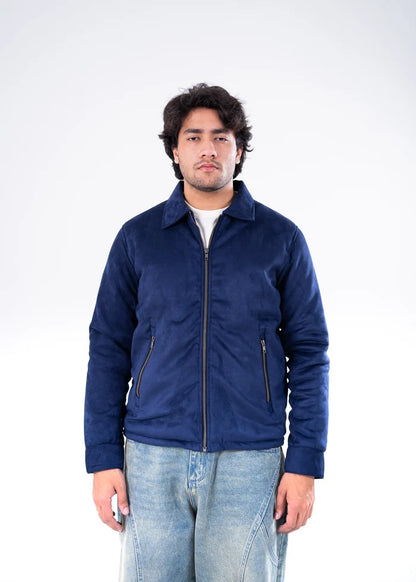 Men's navy suede winter jacket with full-zip front and stand collar