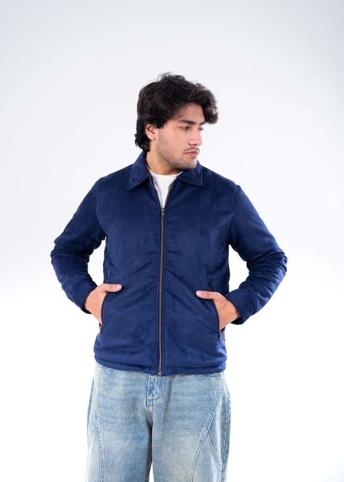 Men's navy suede winter jacket with full-zip front, stand collar, and zip pockets