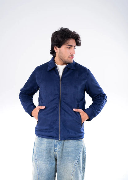 Men's navy suede winter jacket with full-zip front, stand collar, and zip pockets
