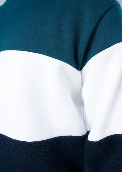 Fleece sweatshirt close-up: green, white, and navy color-block stripes