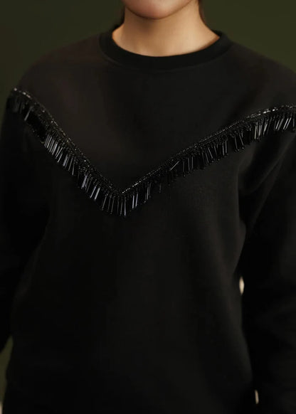 Black crewneck fleece sweatshirt with V-yoke fringe detail