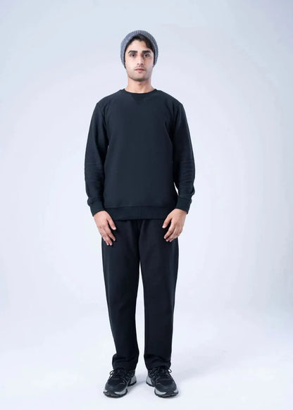 Men's winter sweatshirt in black, front view with long sleeves, crew neckline, and ribbed trim.