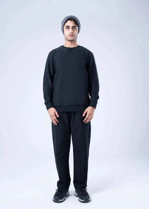Men's winter sweatshirt in black, front view with long sleeves, crew neckline, and ribbed trim.