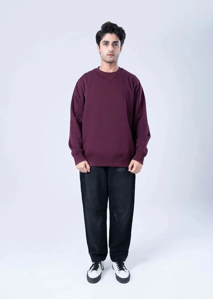 Men's burgundy crewneck terry sweatshirt with long sleeves, ribbed cuffs and hem