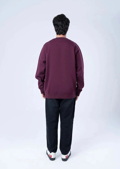 Men's burgundy terry sweatshirt back view, crewneck with ribbed cuffs and hem