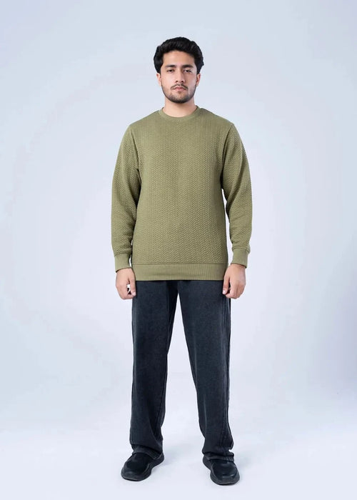 Men's olive jacquard crewneck winter sweatshirt with long sleeves and ribbed cuffs