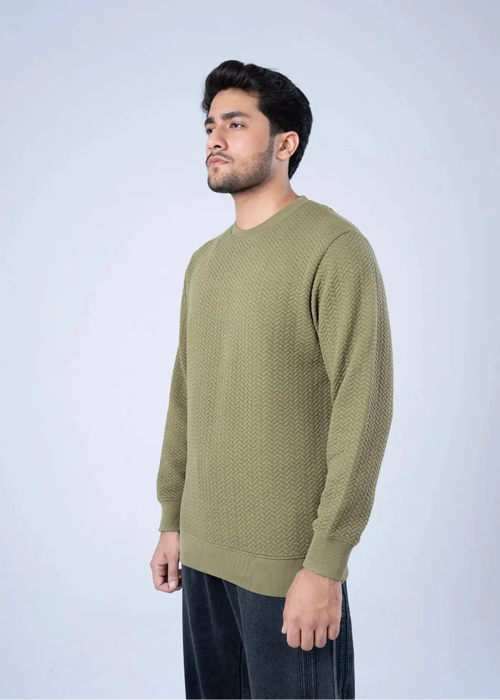 Men's olive jacquard crewneck sweatshirt with long sleeves and ribbed hem