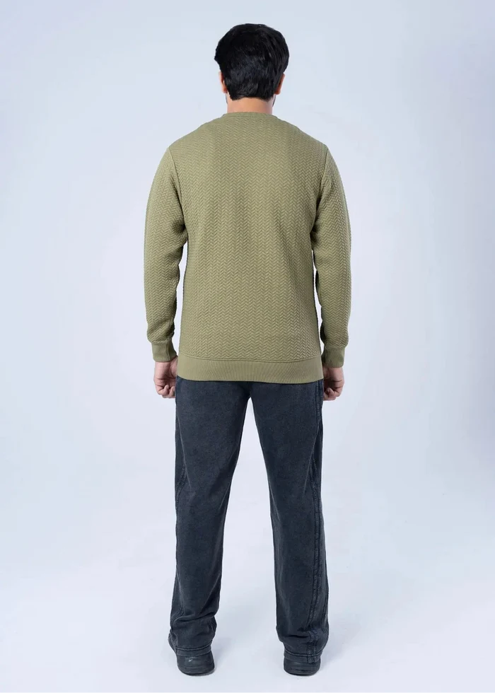 Men's olive jacquard winter sweatshirt with crewneck, long sleeves, ribbed hem and cuffs